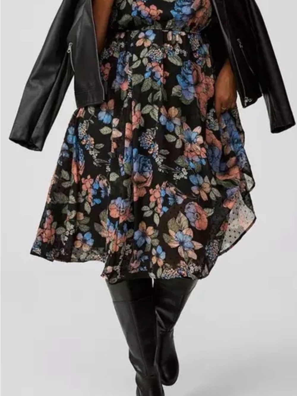 Black Floral Midi Dress with Blue and Peach Flowers - Picture 6 of 7